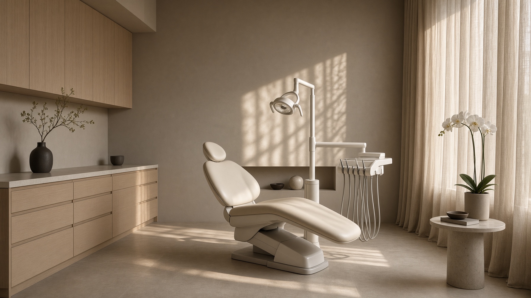 Treatment room with a cream chair facing the window